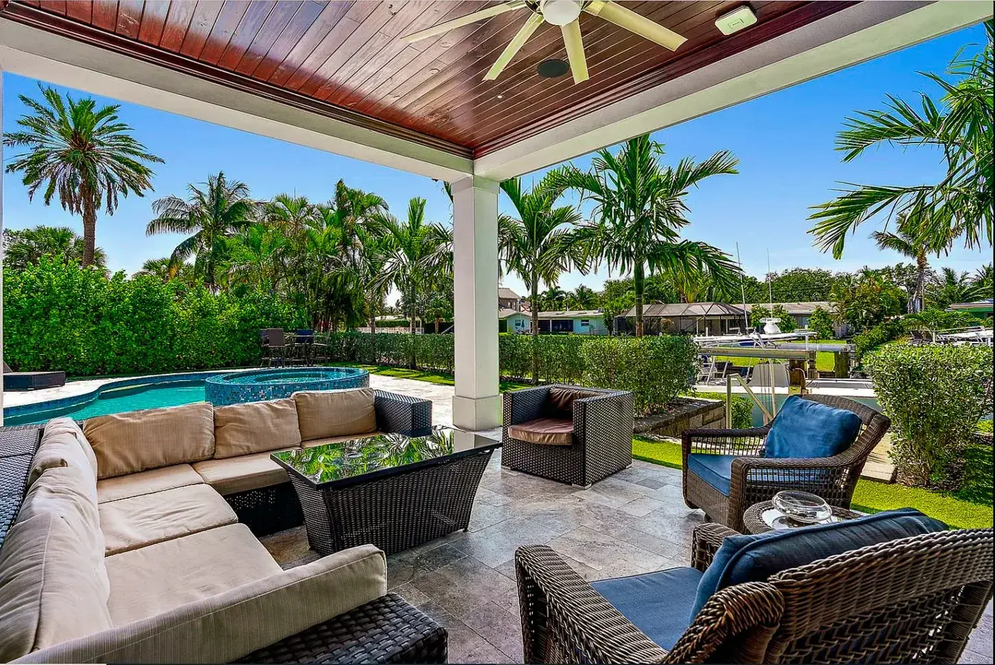 Covered patio and pool outdoor living area