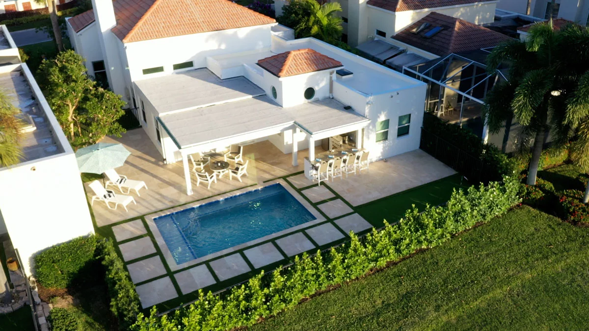 The Narrows residential pool and patio from above